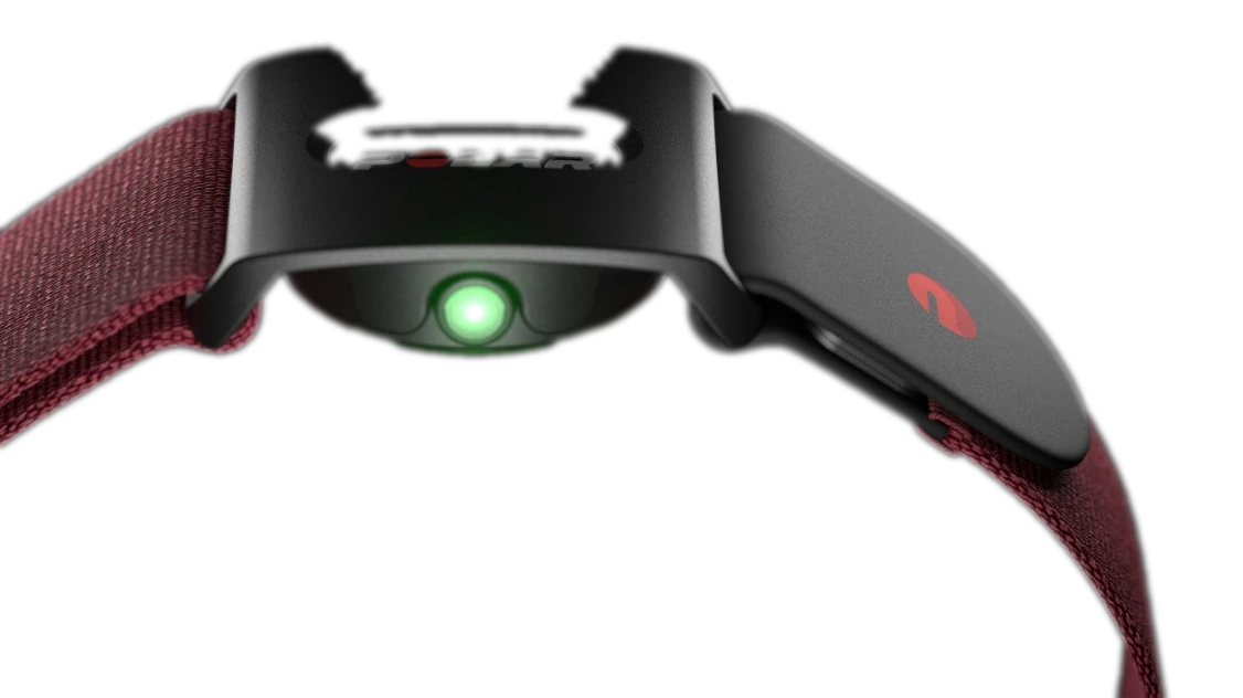 Polar Verity Sense optical sensor on its armband, LED lit